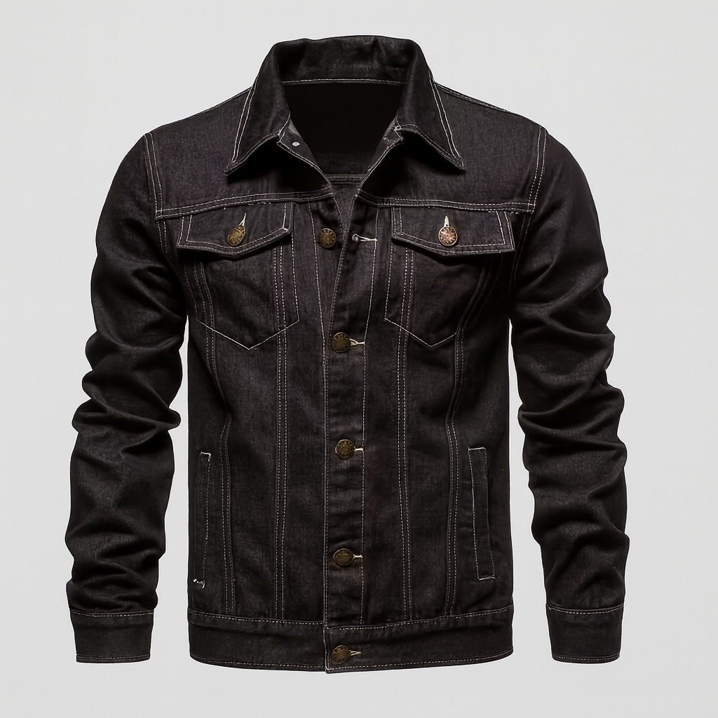 Denim jacket with button closure and front pockets.