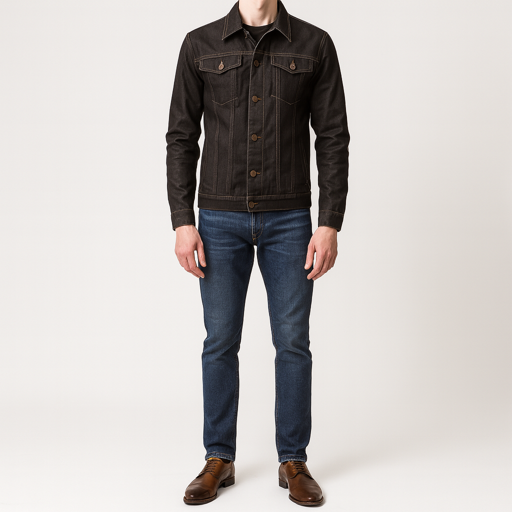 Denim jacket with button closure and front pockets.