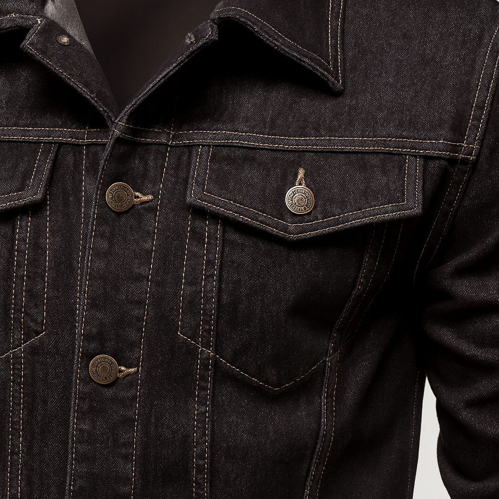 Denim jacket with button closure and front pockets.