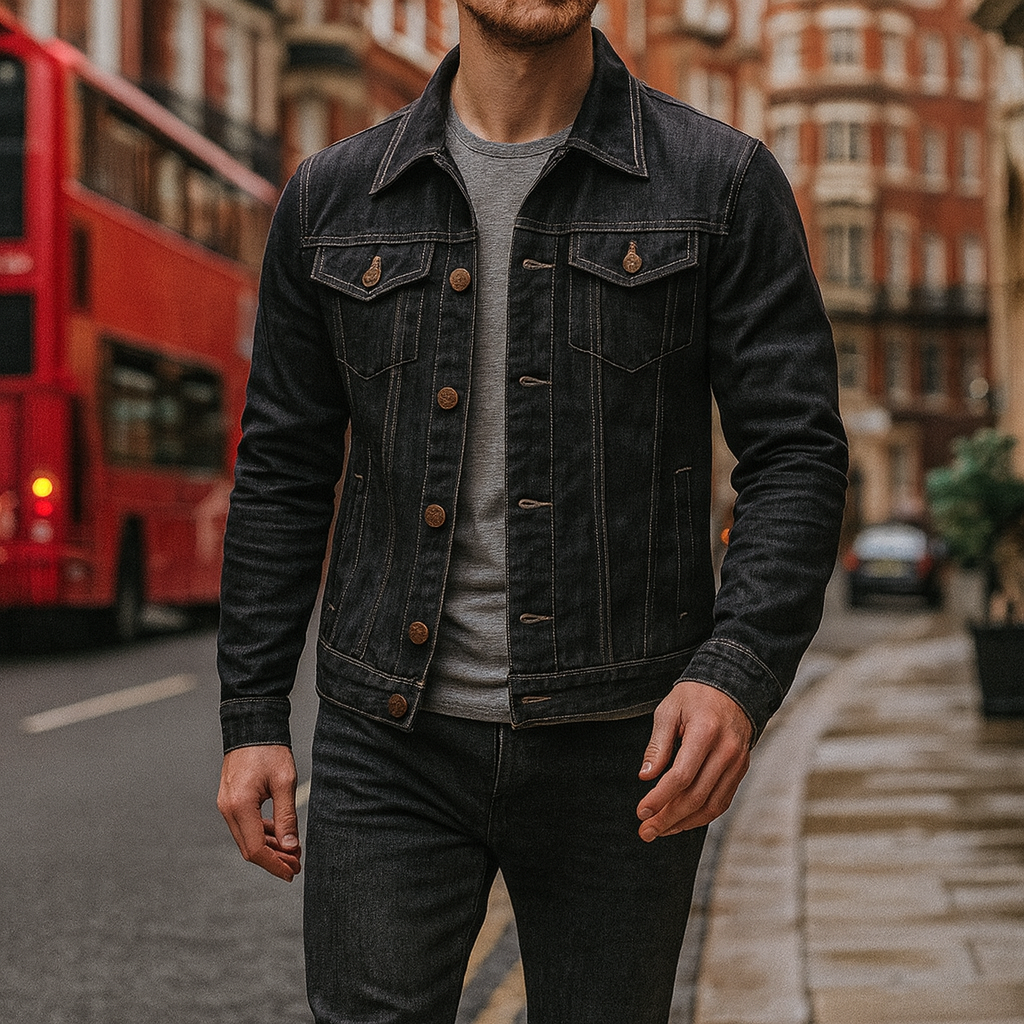 Denim jacket with button closure and front pockets.