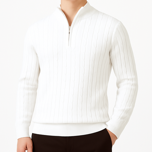 Cable knit quarter-zip sweater with ribbed trim and vertical textured detailing for a clean, polished look