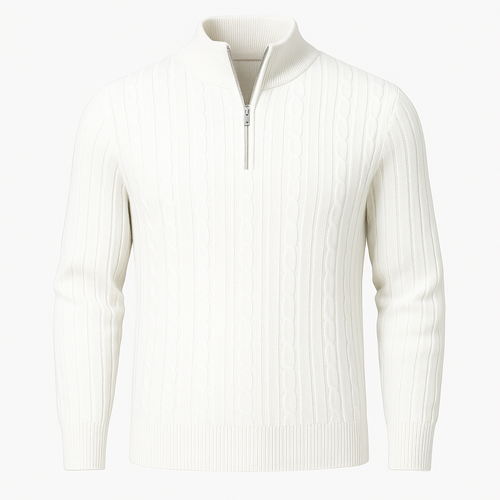 Cable knit quarter-zip sweater with ribbed trim and vertical textured detailing for a clean, polished look