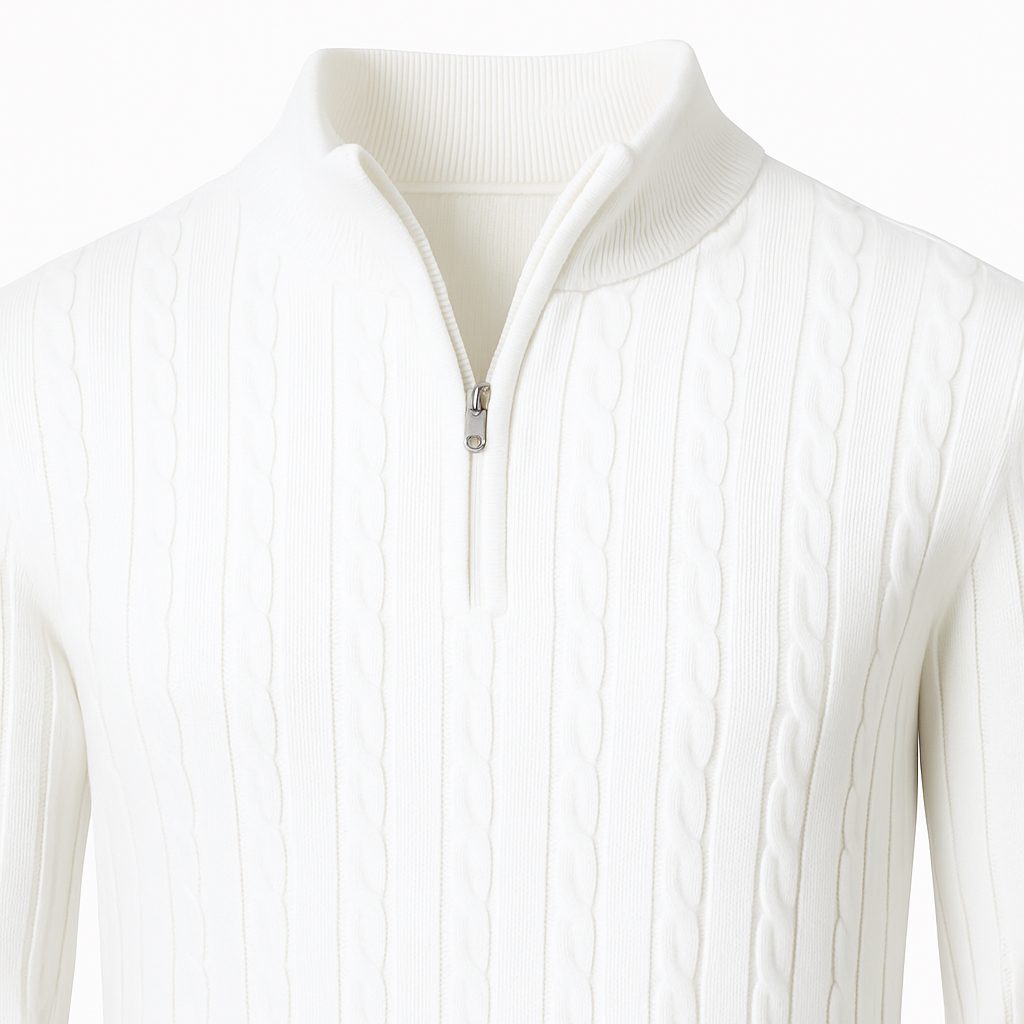 Cable knit quarter-zip sweater with ribbed trim and vertical textured detailing for a clean, polished look