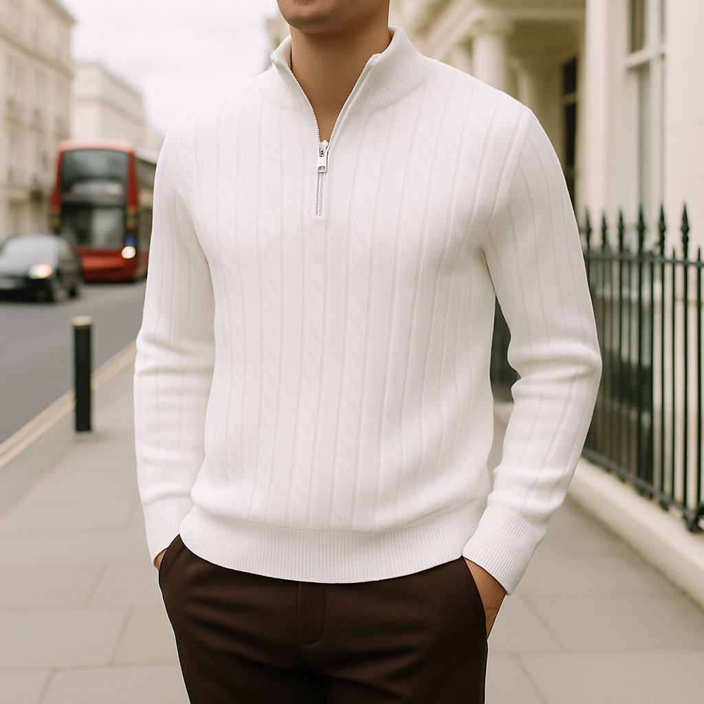 Cable knit quarter-zip sweater with ribbed trim and vertical textured detailing for a clean, polished look