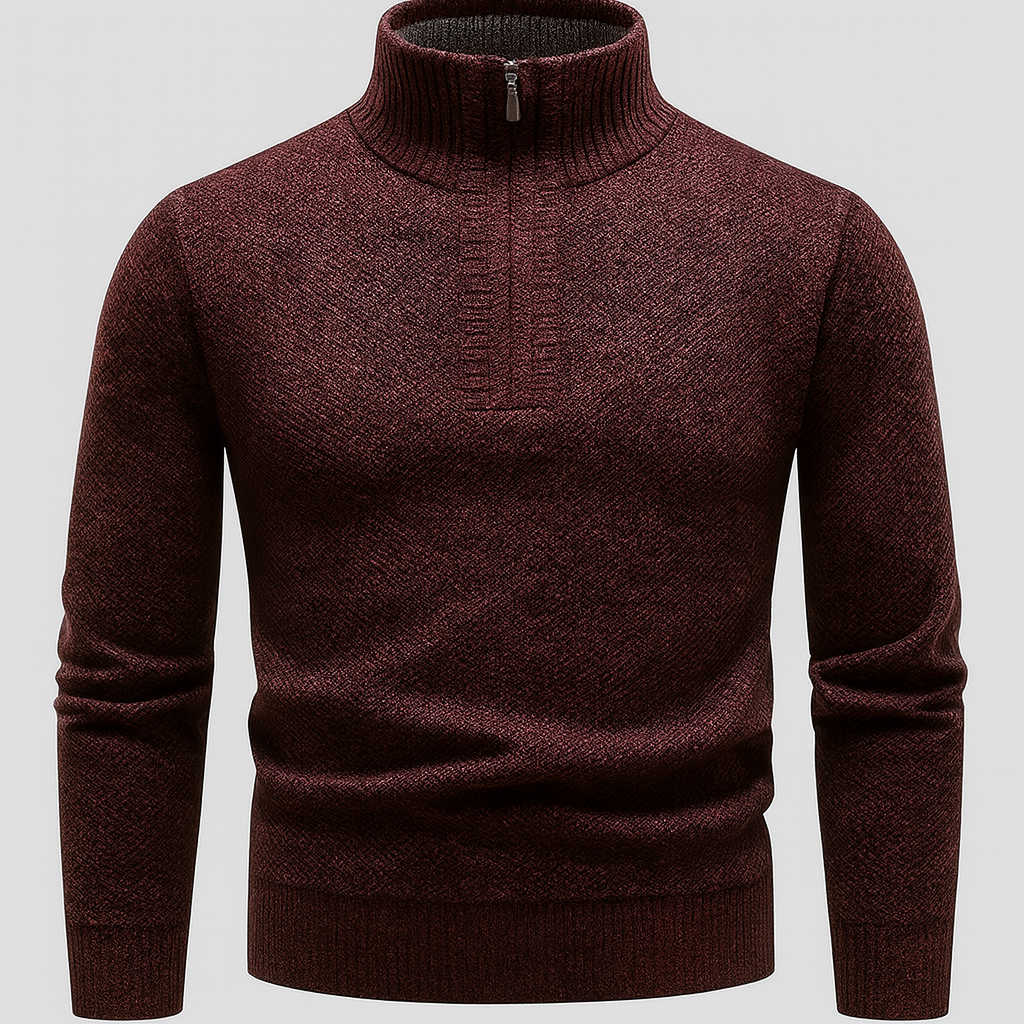 A knit pullover sweater with a half-zip mock neck and ribbed cuffs and hem.