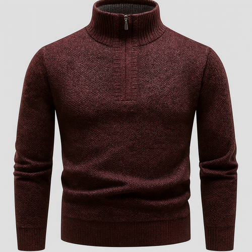 A knit pullover sweater with a half-zip mock neck and ribbed cuffs and hem.
