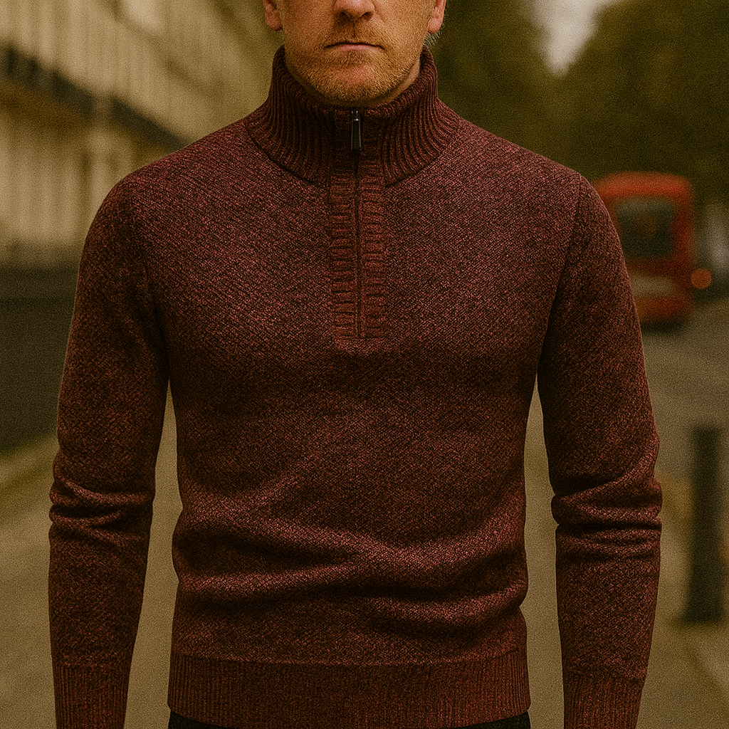 A knit pullover sweater with a half-zip mock neck and ribbed cuffs and hem.