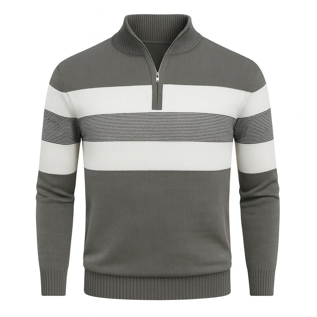 Lightweight knit quarter-zip sweater with wide horizontal stripes and ribbed trim for a modern casual look