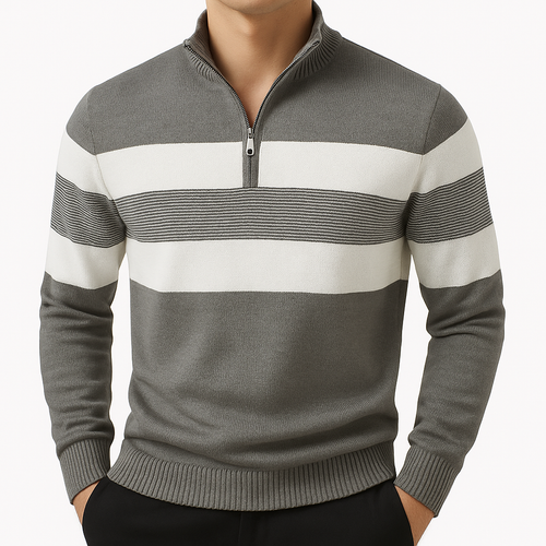 Lightweight knit quarter-zip sweater with wide horizontal stripes and ribbed trim for a modern casual look