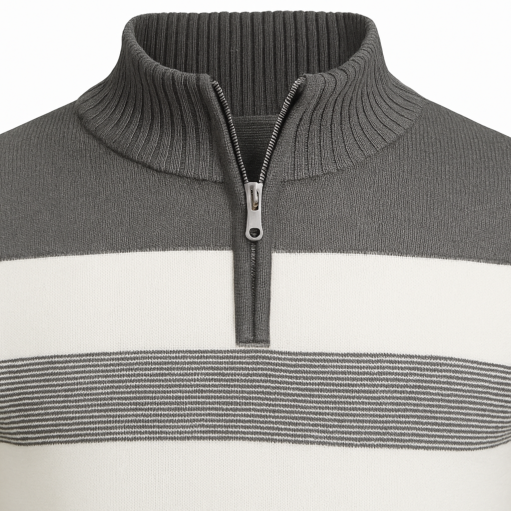 Lightweight knit quarter-zip sweater with wide horizontal stripes and ribbed trim for a modern casual look