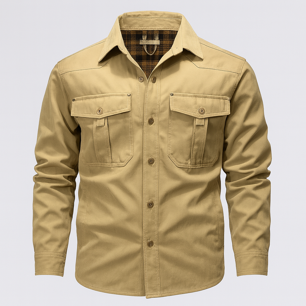 A button-up workwear jacket with flap chest pockets, long sleeves, and a plaid inner lining.