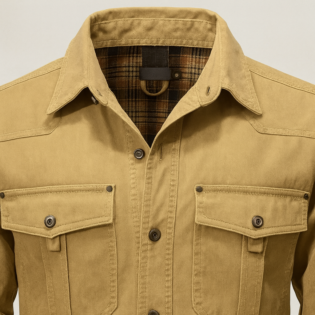 A button-up workwear jacket with flap chest pockets, long sleeves, and a plaid inner lining.