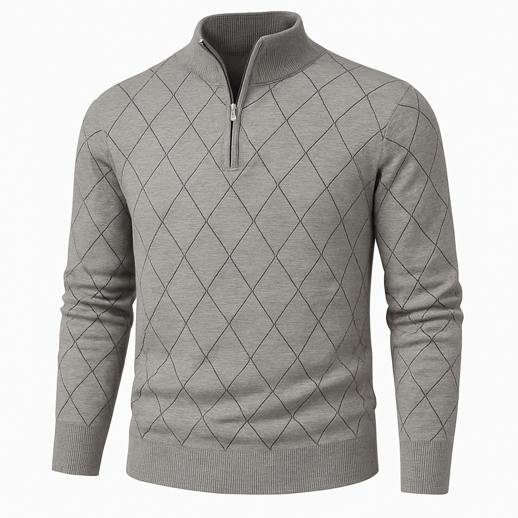 Knit quarter-zip sweater with diamond-pattern stitching and ribbed trim for a refined classic look