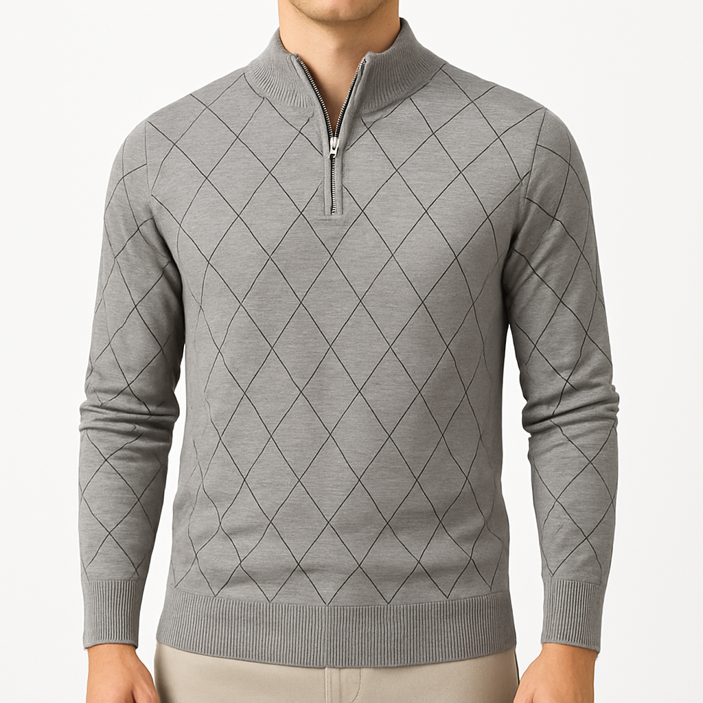 Knit quarter-zip sweater with diamond-pattern stitching and ribbed trim for a refined classic look
