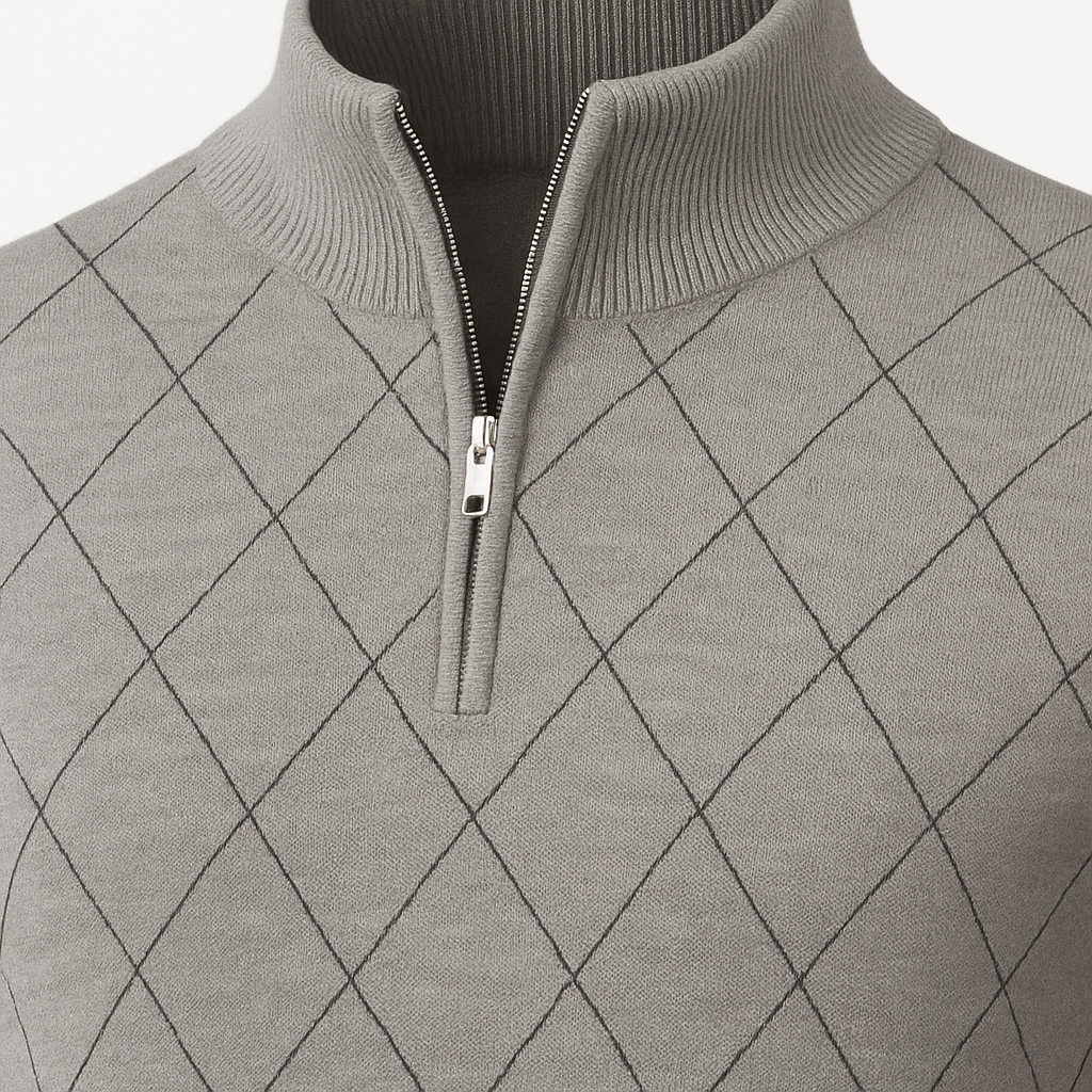 Knit quarter-zip sweater with diamond-pattern stitching and ribbed trim for a refined classic look