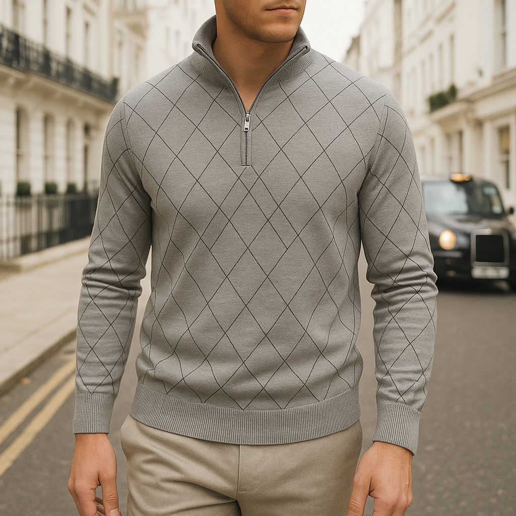 Knit quarter-zip sweater with diamond-pattern stitching and ribbed trim for a refined classic look