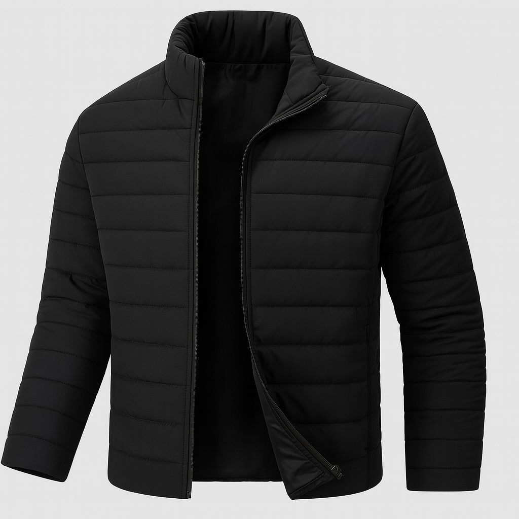 A quilted puffer jacket with a full zipper and a stand collar.