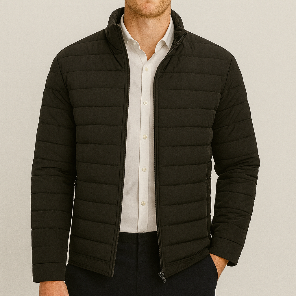 A quilted puffer jacket with a full zipper and a stand collar.