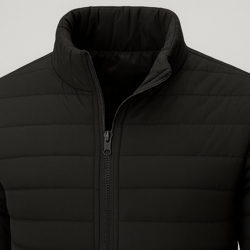 A quilted puffer jacket with a full zipper and a stand collar.