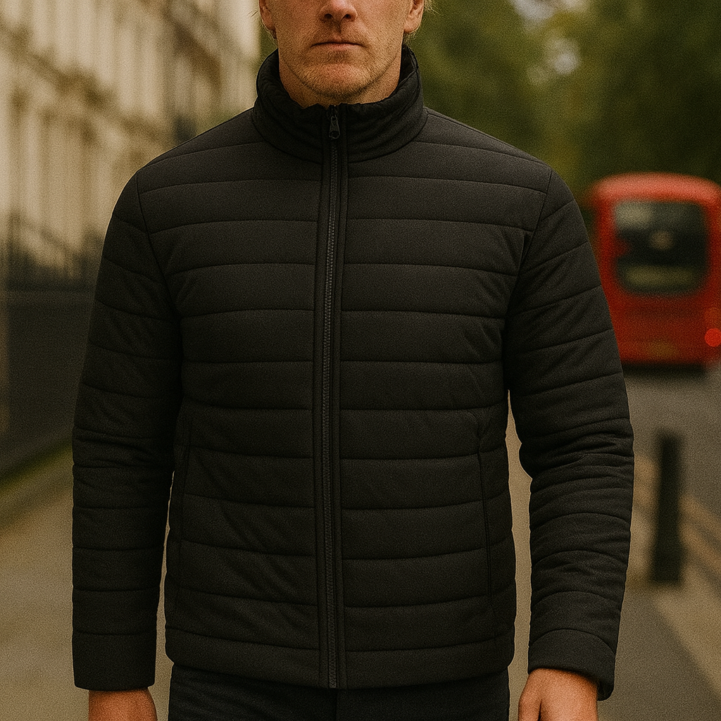 A quilted puffer jacket with a full zipper and a stand collar.