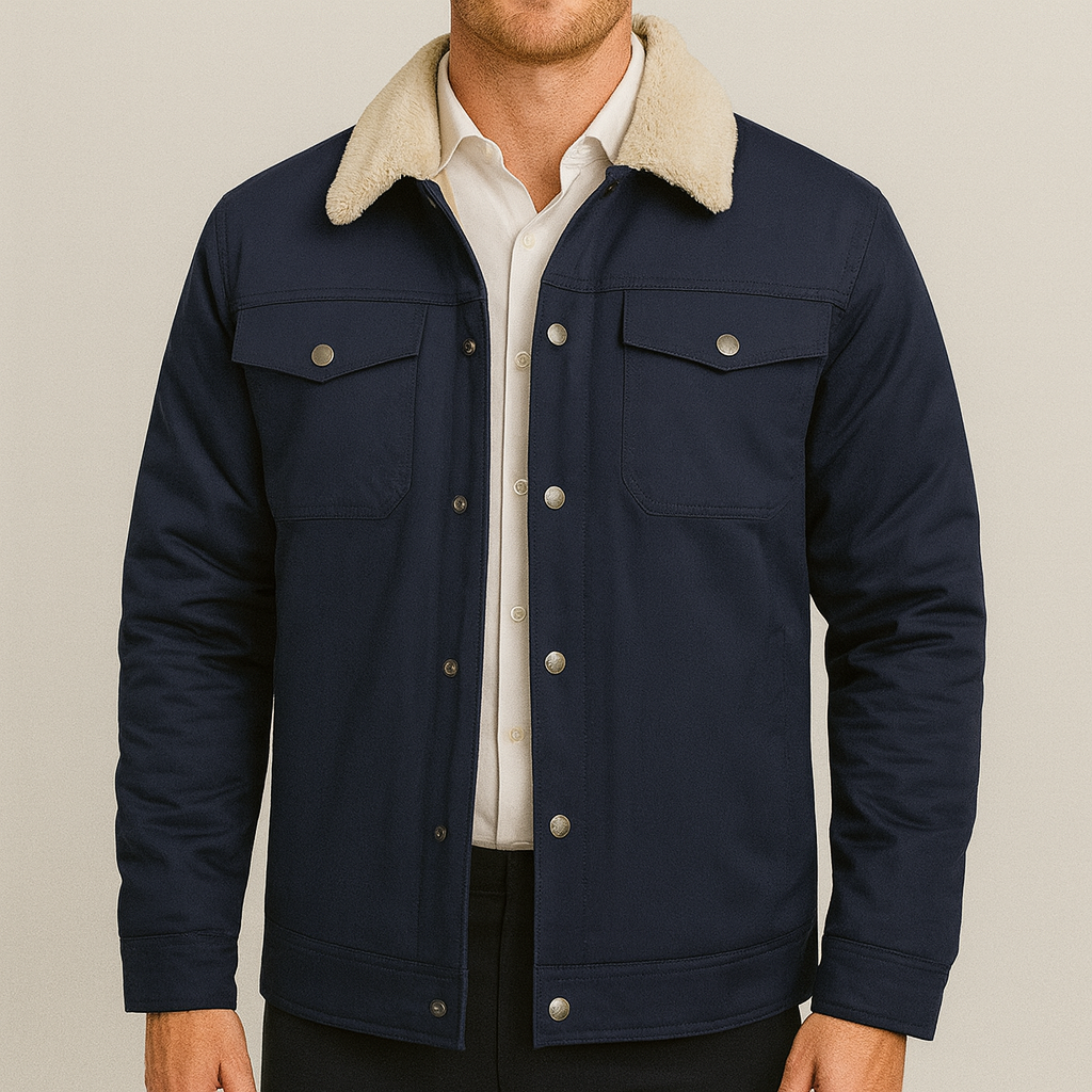 A button-up jacket with a sherpa-lined collar, chest flap pockets, and warm inner lining.
