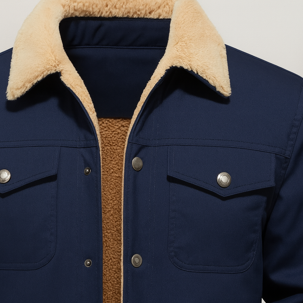 A button-up jacket with a sherpa-lined collar, chest flap pockets, and warm inner lining.