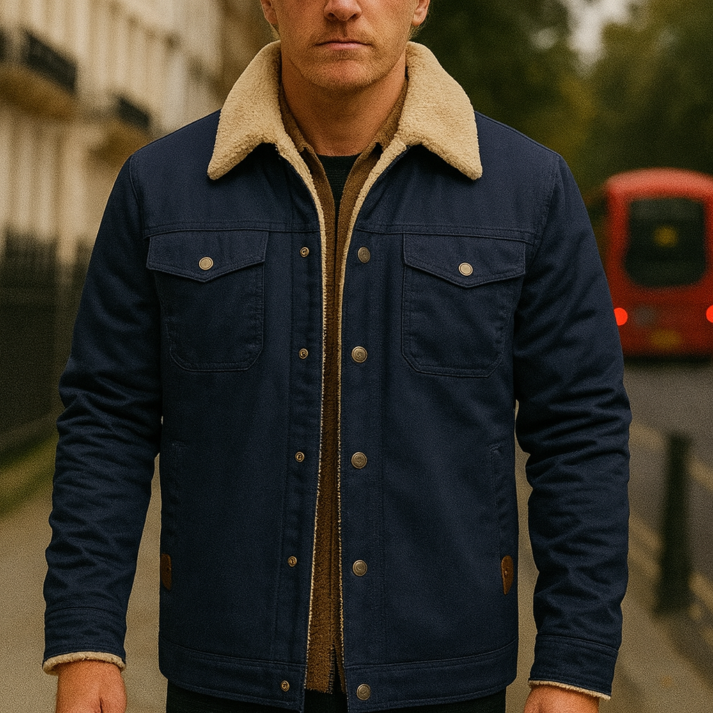 A button-up jacket with a sherpa-lined collar, chest flap pockets, and warm inner lining.