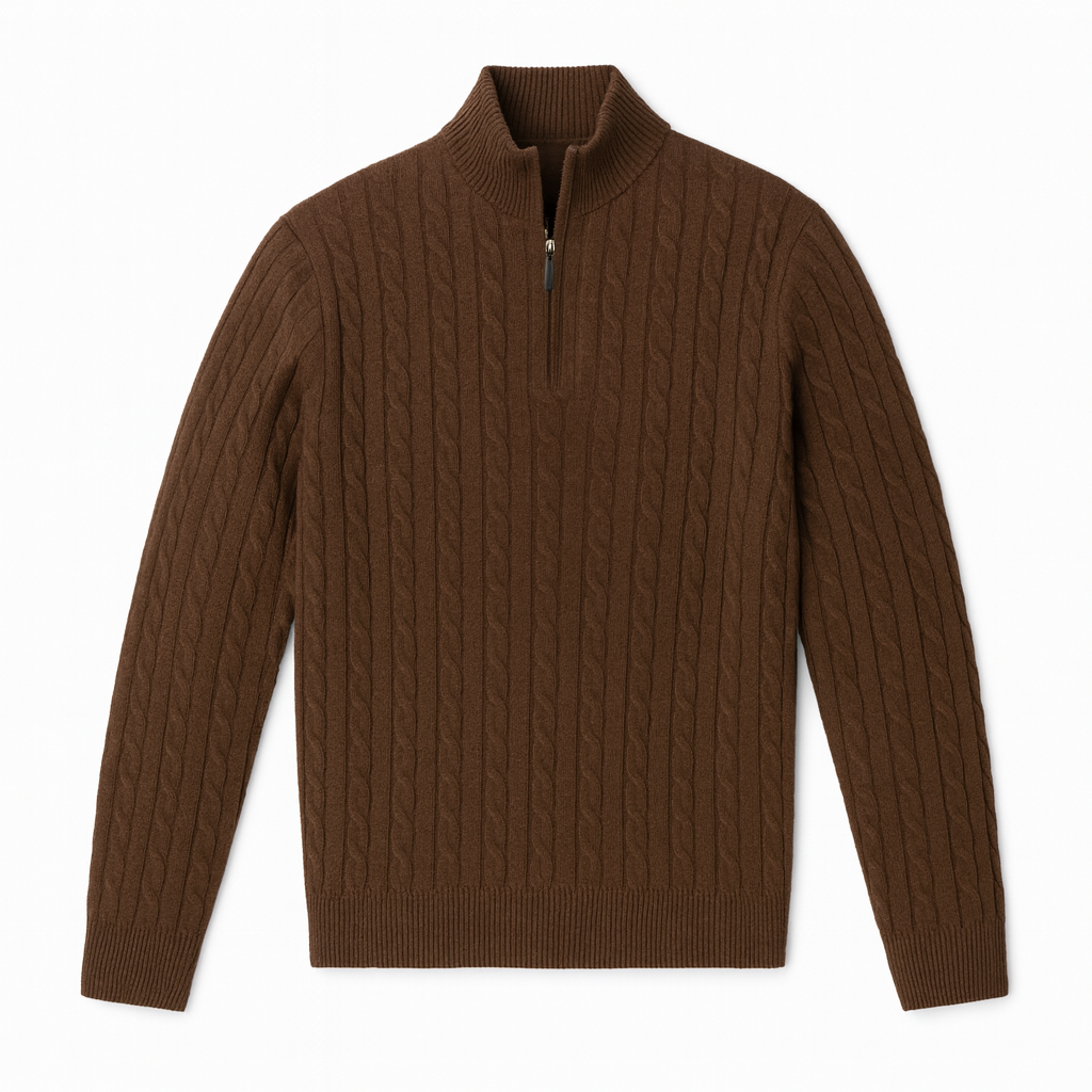 Knit quarter-zip sweater with cable detailing and ribbed cuffs, styled for a modern refined look