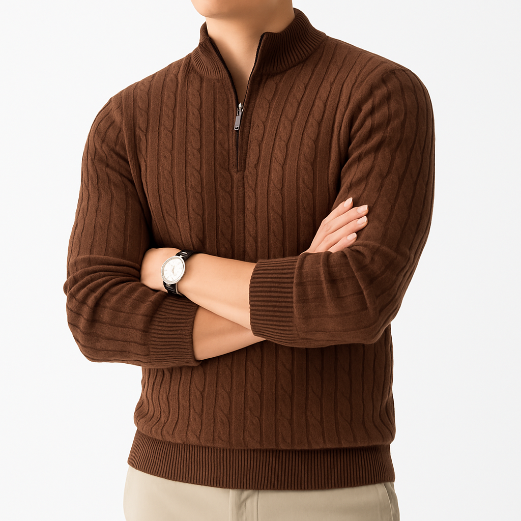 Knit quarter-zip sweater with cable detailing and ribbed cuffs, styled for a modern refined look