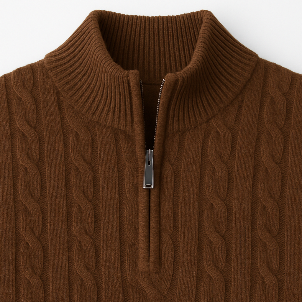 Knit quarter-zip sweater with cable detailing and ribbed cuffs, styled for a modern refined look