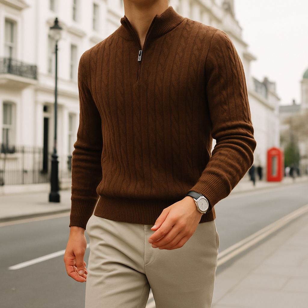 Knit quarter-zip sweater with cable detailing and ribbed cuffs, styled for a modern refined look