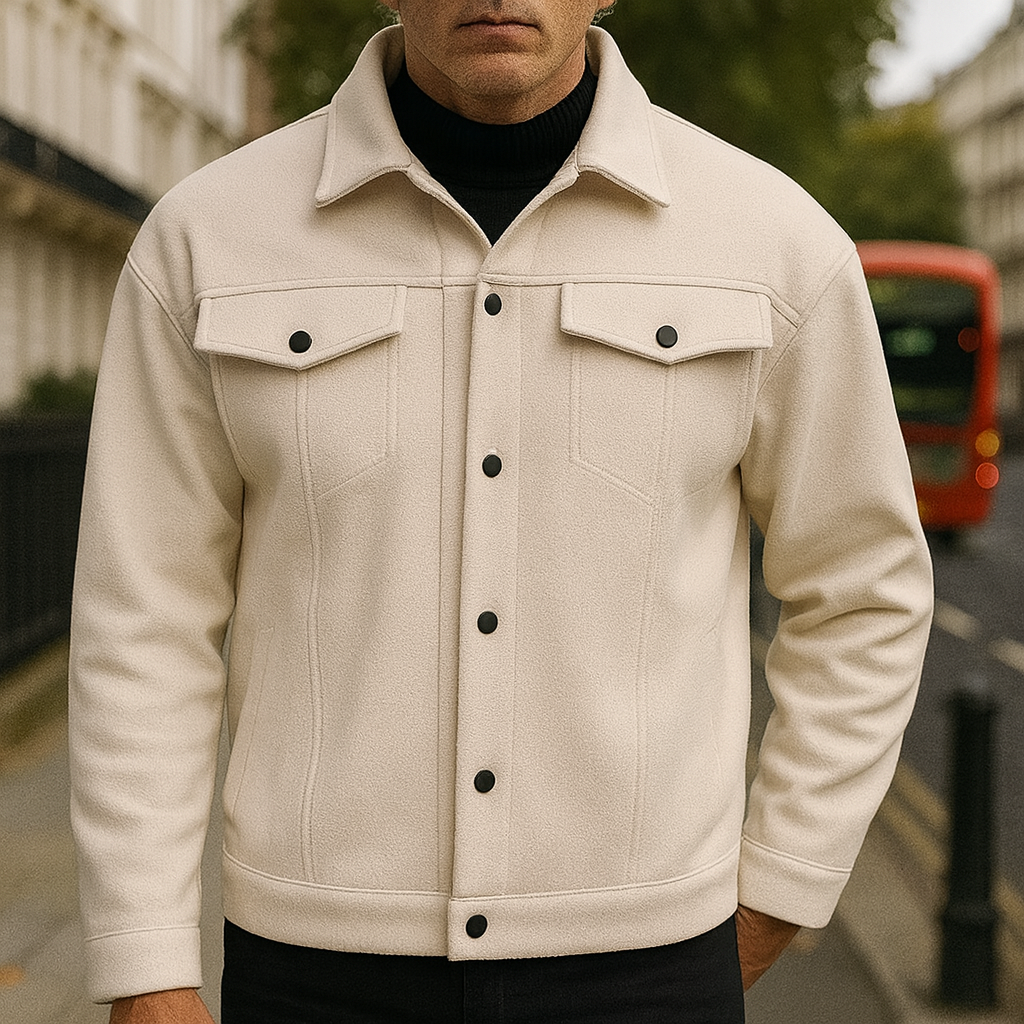 A button-up fleece jacket with a collar, chest flap pockets, and long sleeves.