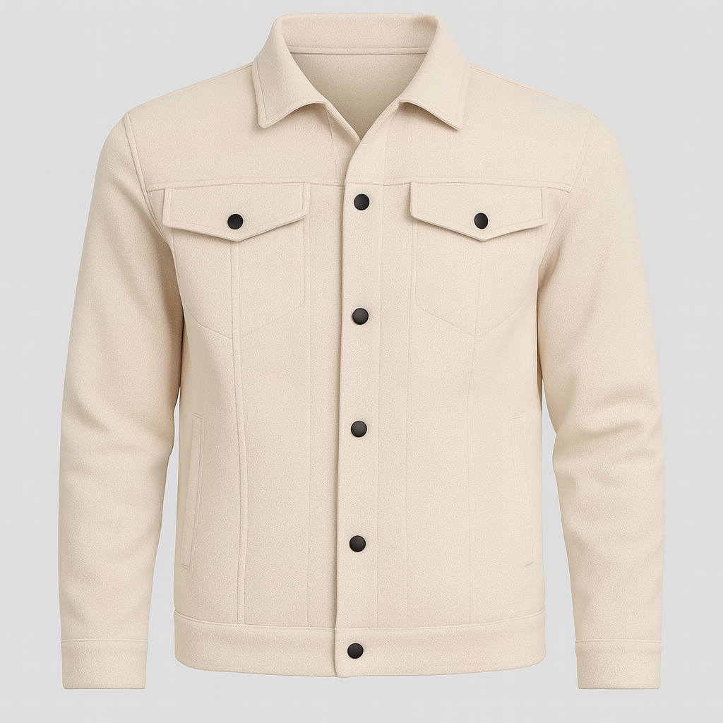 A button-up fleece jacket with a collar, chest flap pockets, and long sleeves.