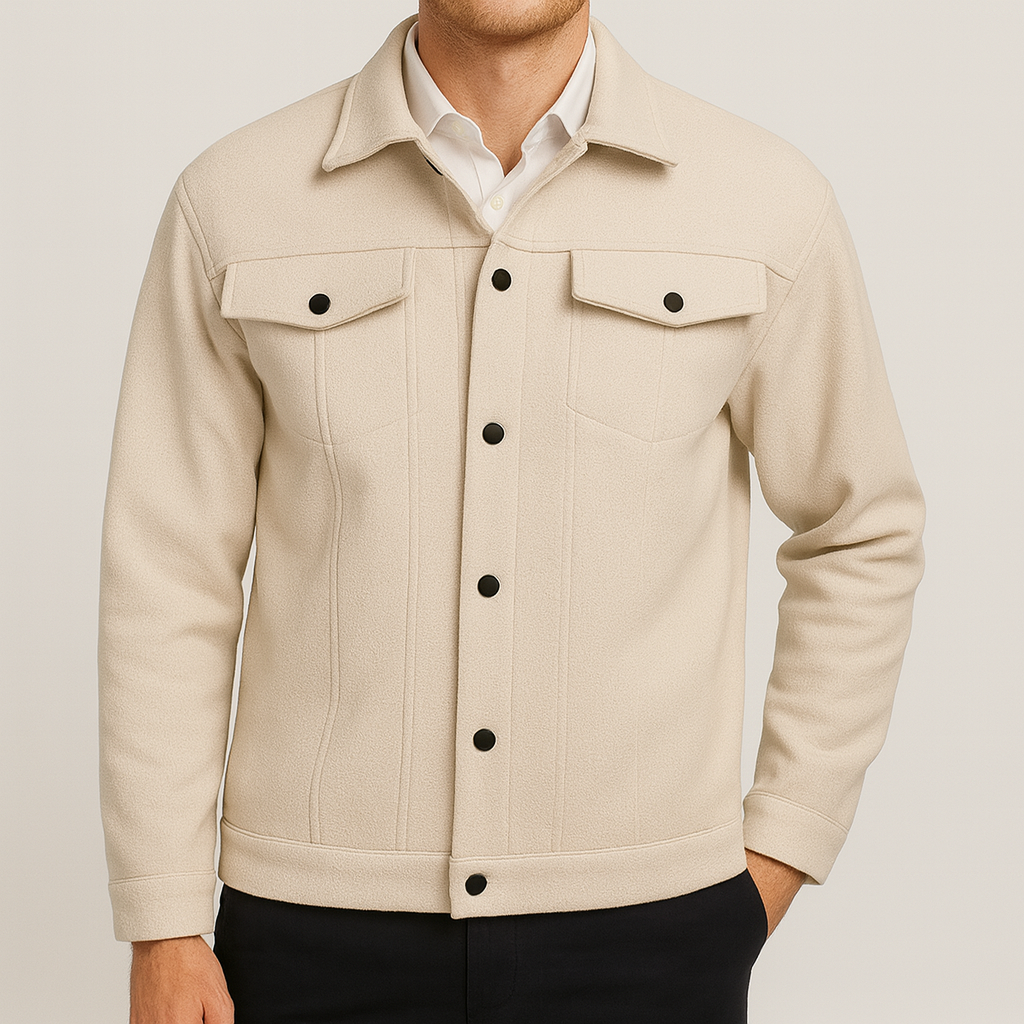 A button-up fleece jacket with a collar, chest flap pockets, and long sleeves.
