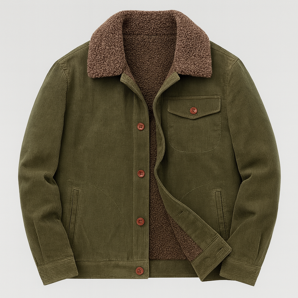 A corduroy jacket with a sherpa collar, button front, and warm fleece lining.