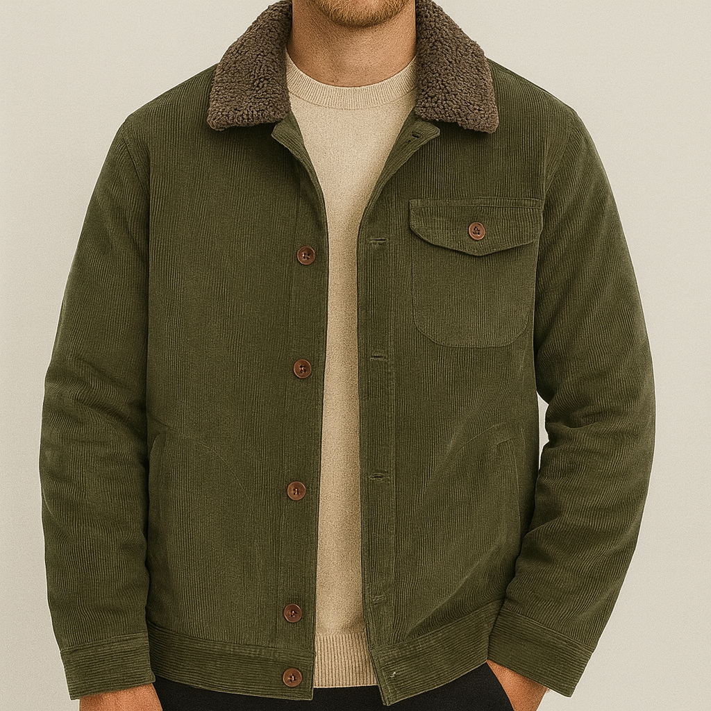 A corduroy jacket with a sherpa collar, button front, and warm fleece lining.