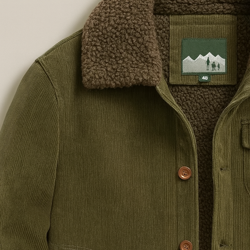 A corduroy jacket with a sherpa collar, button front, and warm fleece lining.