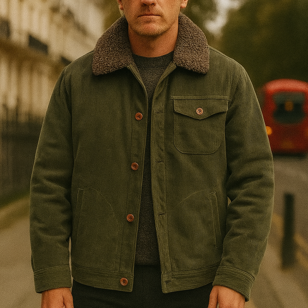 A corduroy jacket with a sherpa collar, button front, and warm fleece lining.