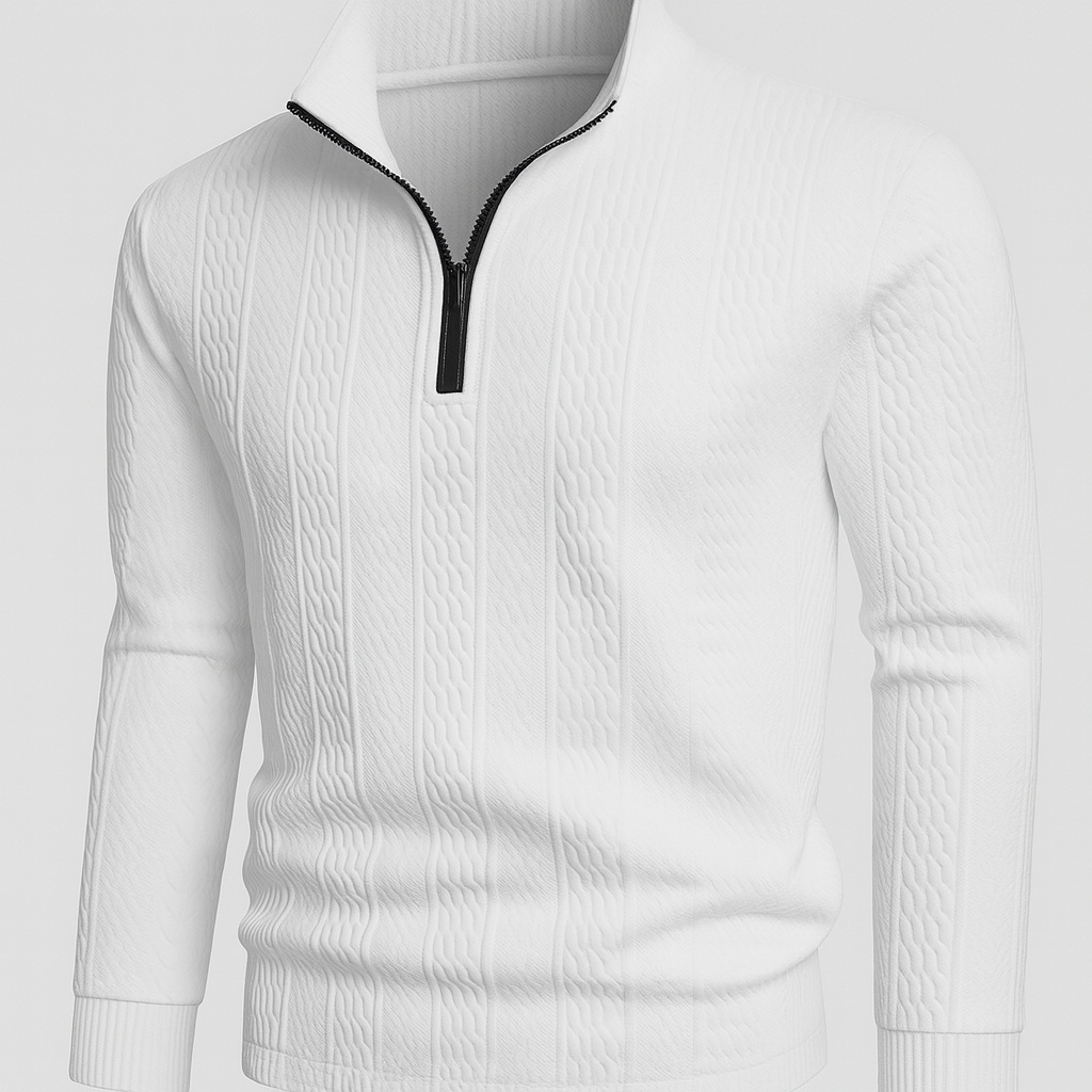 A textured long-sleeve pullover with a half-zip front and stand collar.