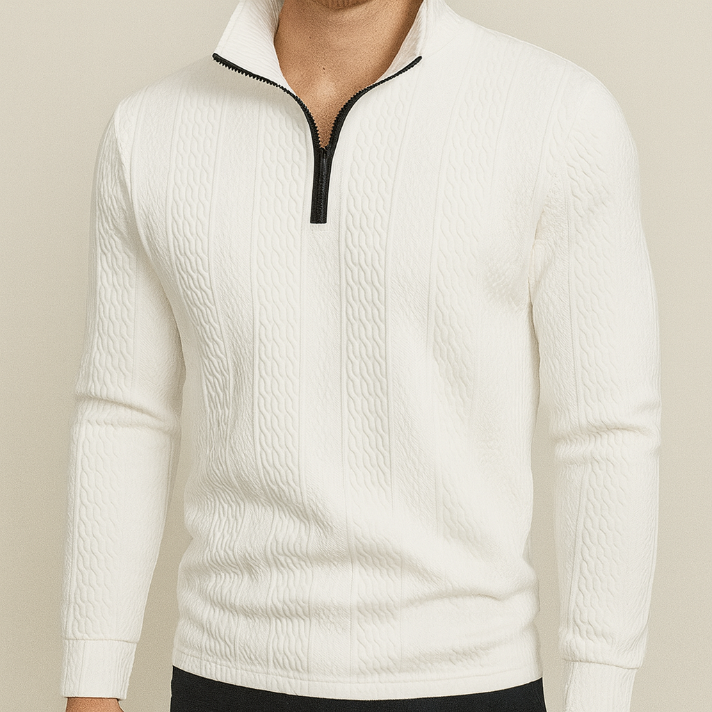 A textured long-sleeve pullover with a half-zip front and stand collar.