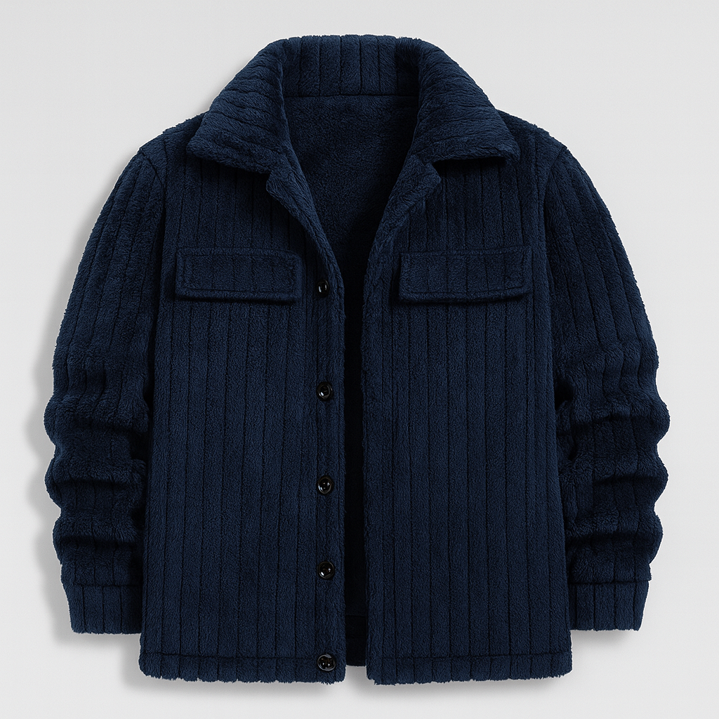 A soft textured button-up jacket with flap chest pockets and a collared design.