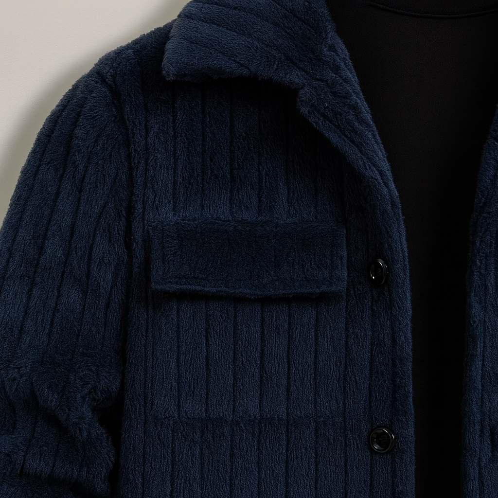 A soft textured button-up jacket with flap chest pockets and a collared design.