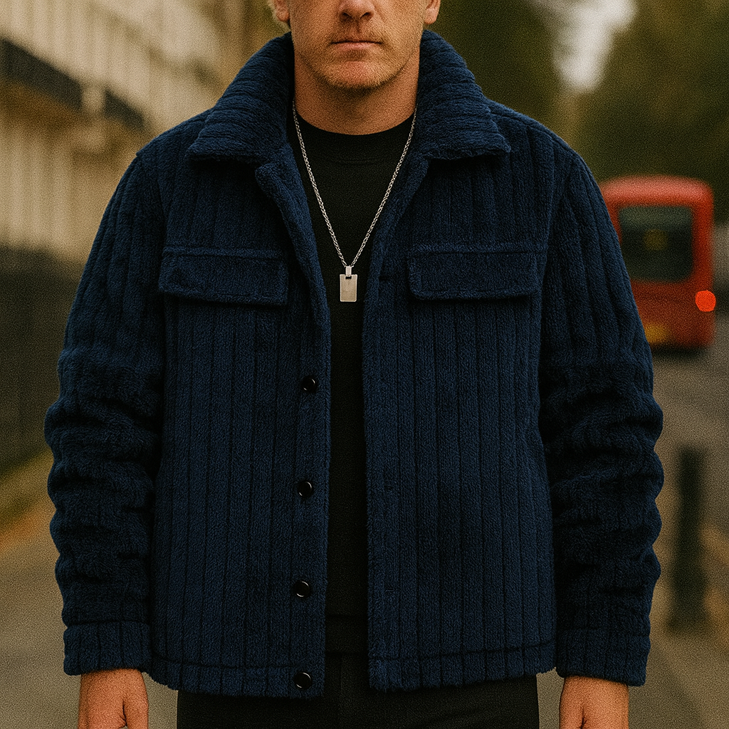 A soft textured button-up jacket with flap chest pockets and a collared design.