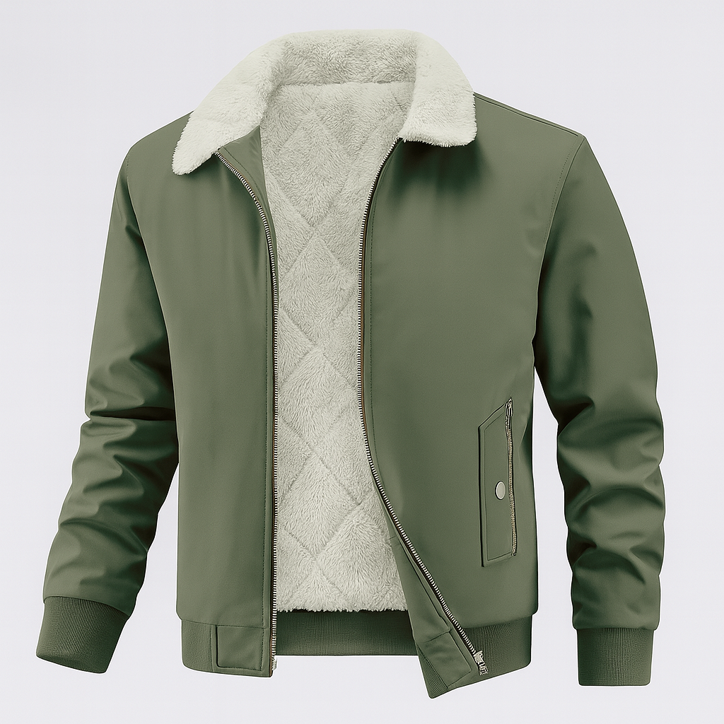 A zip-up jacket with a sherpa collar and quilted fleece lining for added warmth.