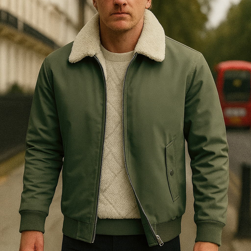 A zip-up jacket with a sherpa collar and quilted fleece lining for added warmth.