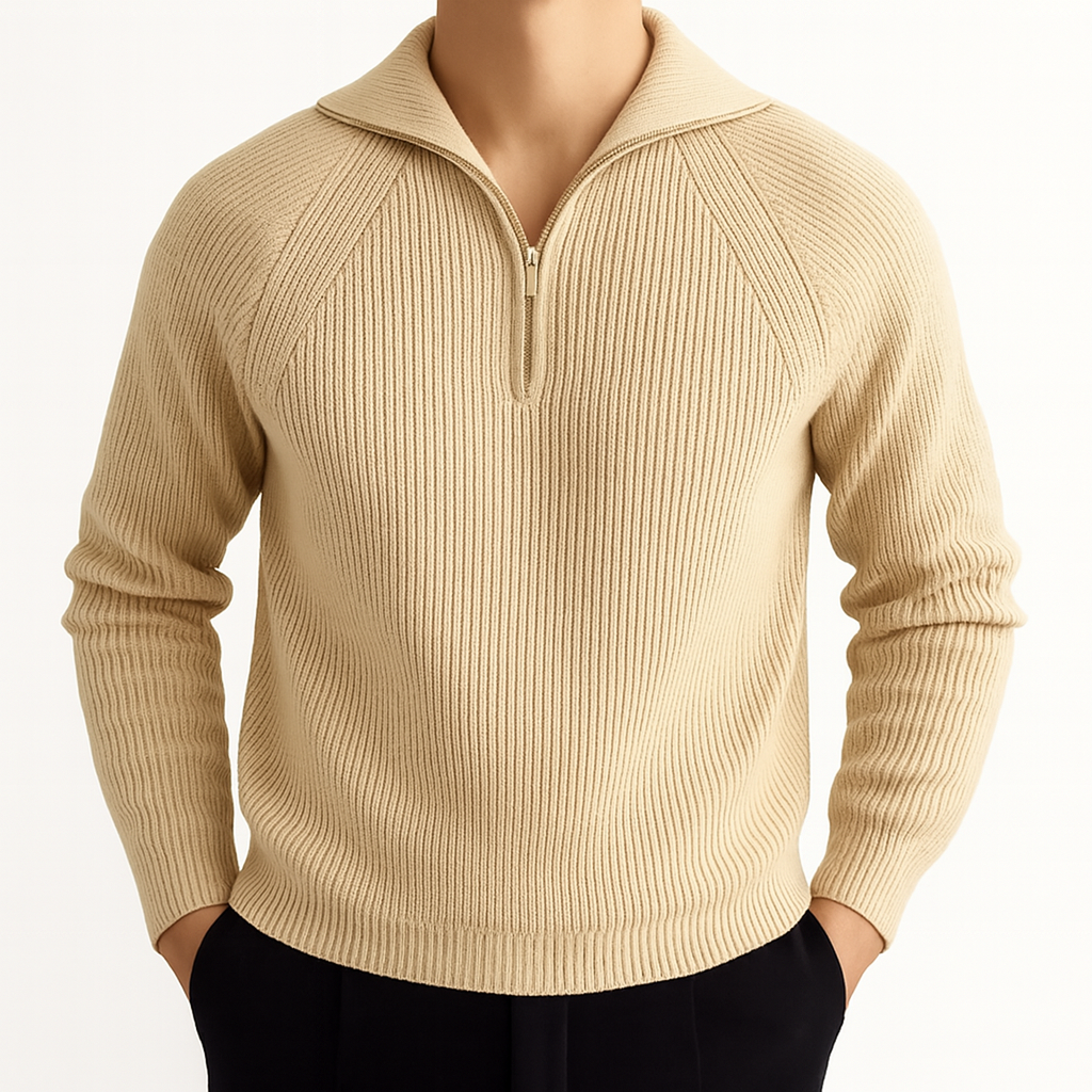 Ribbed knit quarter-zip sweater with wide collar and subtle stitched detailing for a modern relaxed look