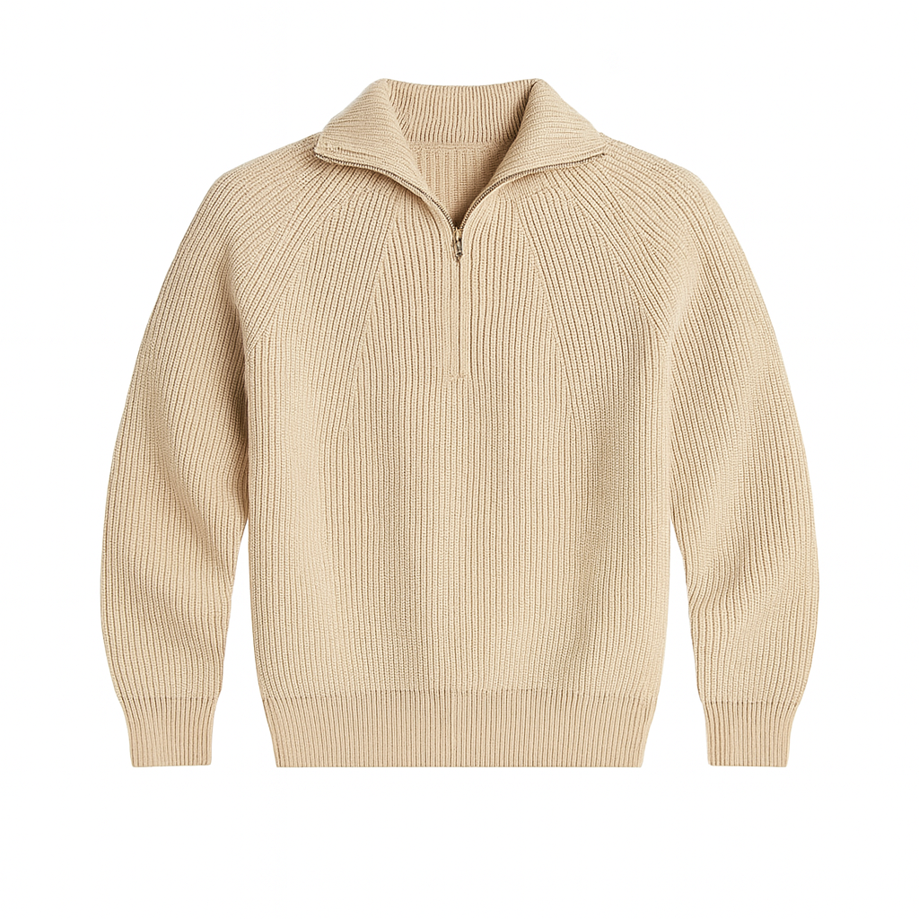 Ribbed knit quarter-zip sweater with wide collar and subtle stitched detailing for a modern relaxed look