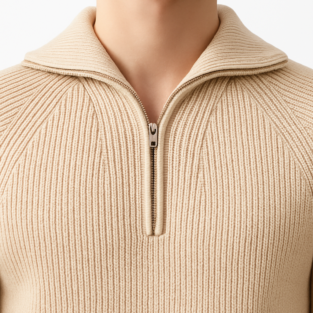 Ribbed knit quarter-zip sweater with wide collar and subtle stitched detailing for a modern relaxed look