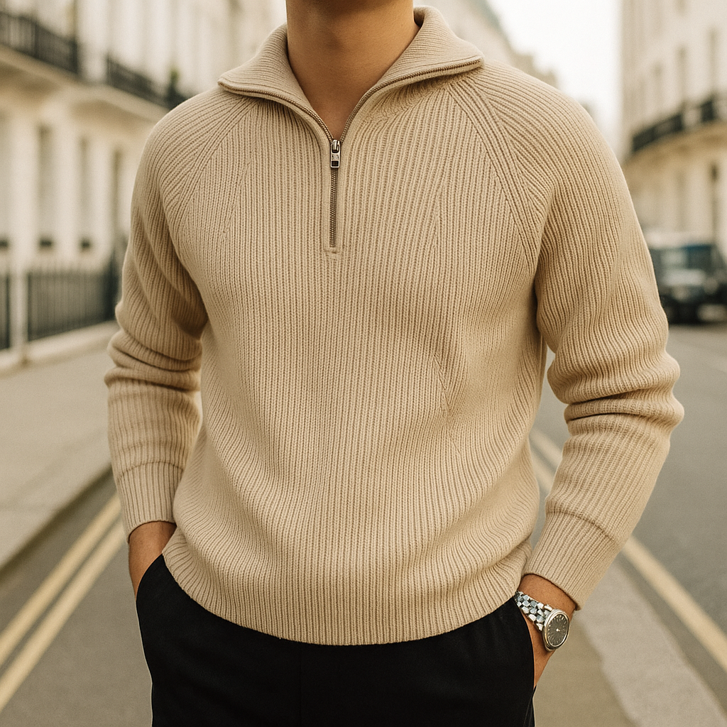 Ribbed knit quarter-zip sweater with wide collar and subtle stitched detailing for a modern relaxed look