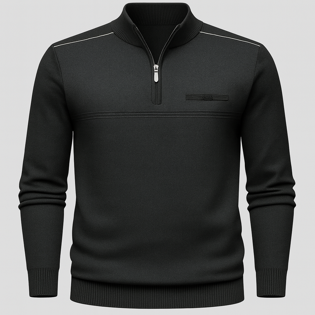 A long-sleeve knit pullover with a half-zip front, ribbed cuffs, and subtle shoulder detailing.